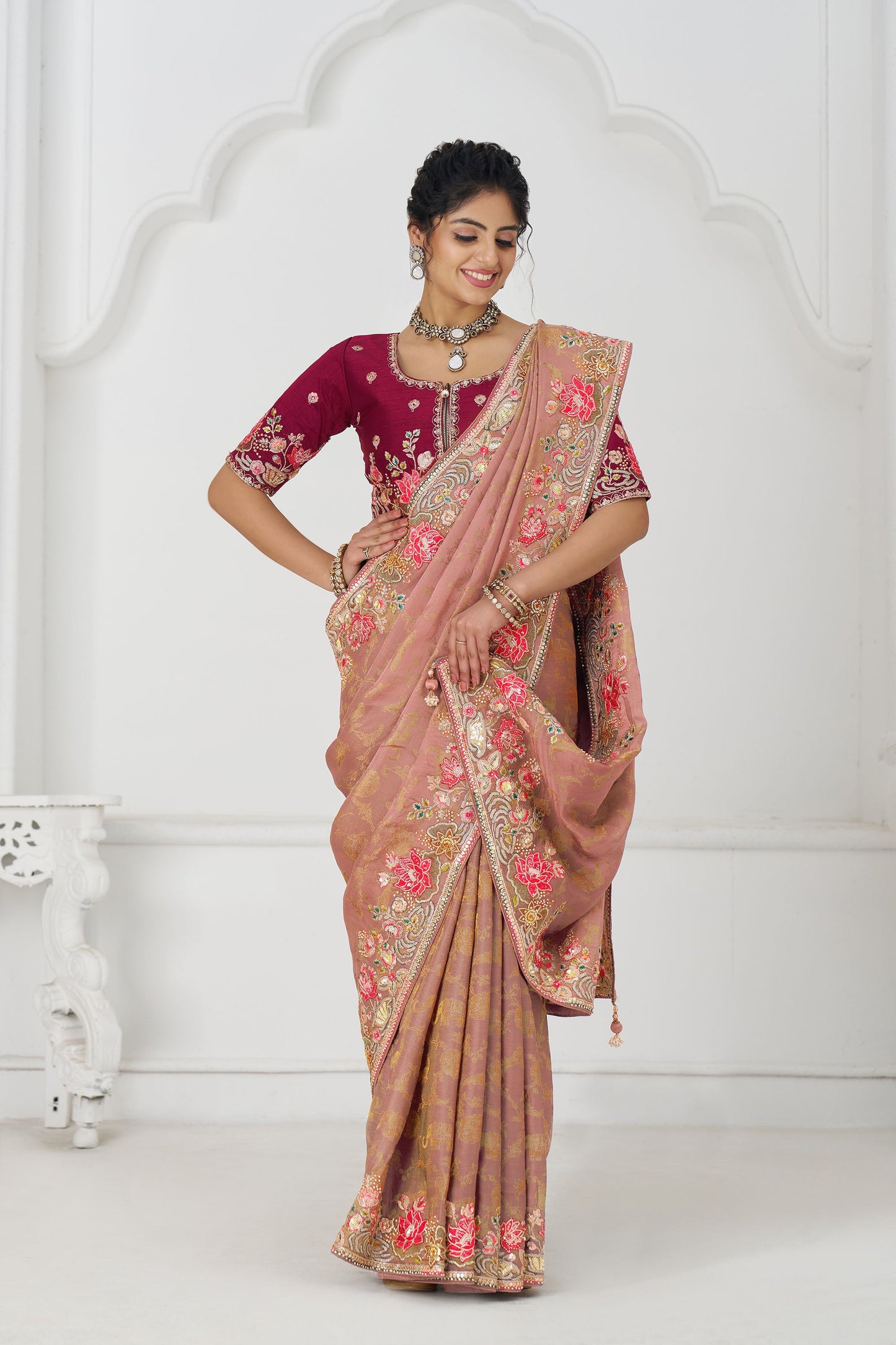 Peach Dola Viscose Silk Floral Work Festive Saree