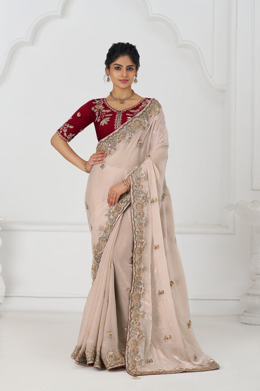 Chiku Fendi Silk Festive Saree With Zari & Sequins Embroidery