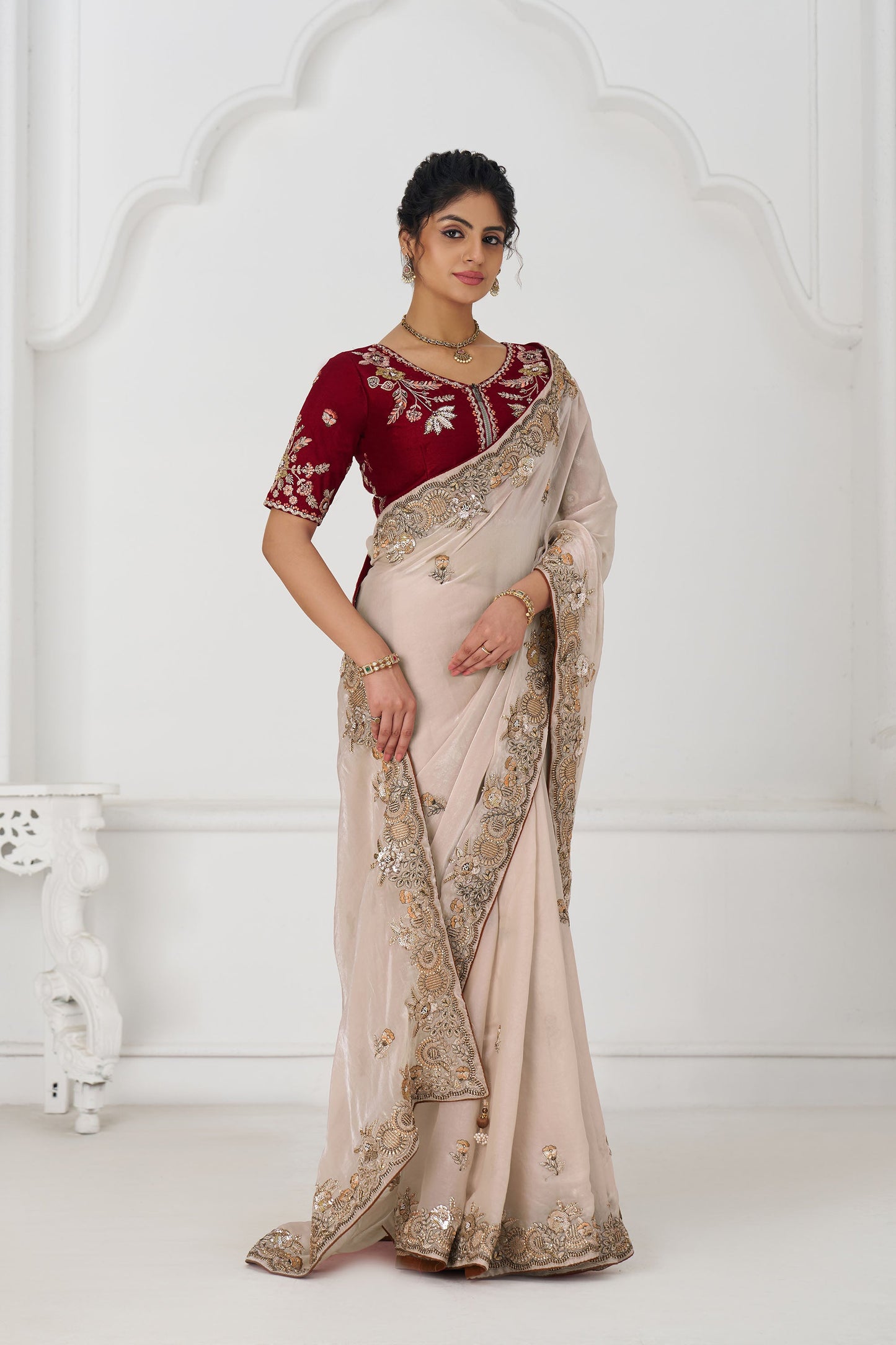 Chiku Fendi Silk Festive Saree With Zari & Sequins Embroidery