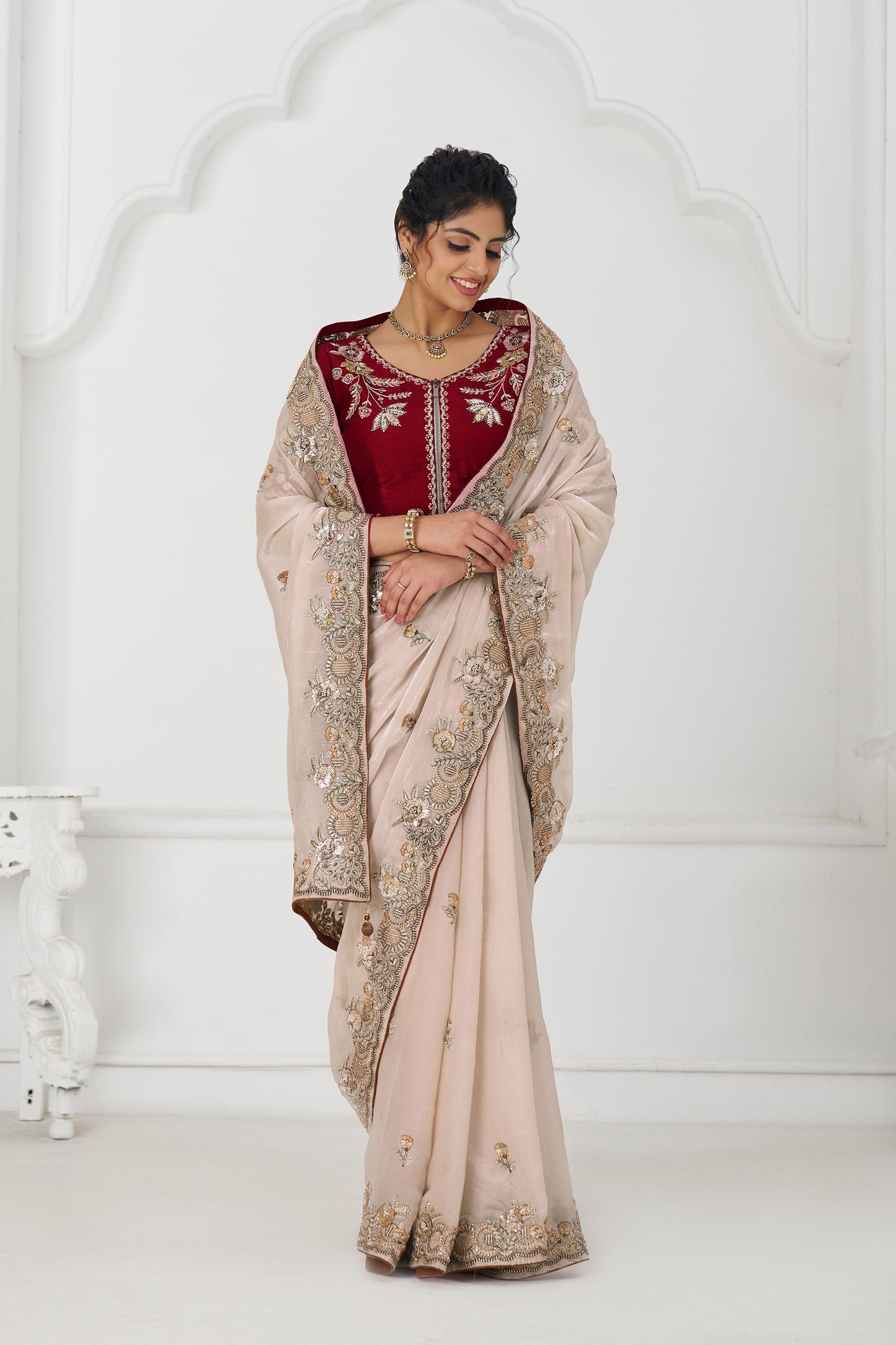 Chiku Fendi Silk Festive Saree With Zari & Sequins Embroidery