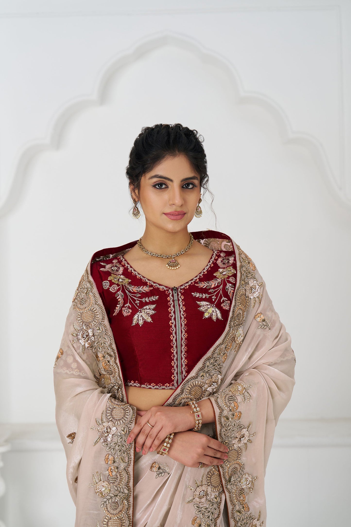 Chiku Fendi Silk Festive Saree With Zari & Sequins Embroidery