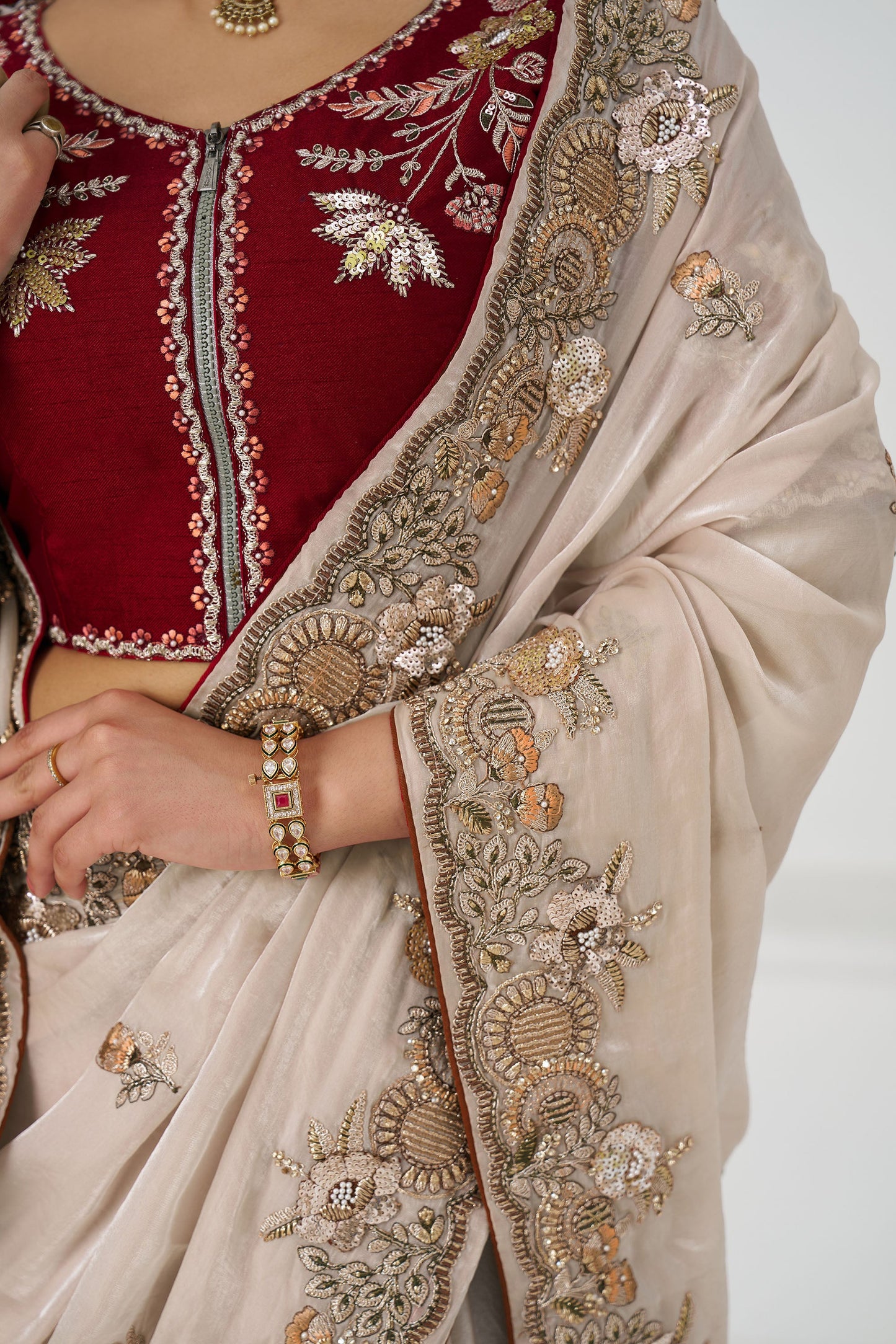 Chiku Fendi Silk Festive Saree With Zari & Sequins Embroidery