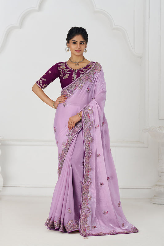 Mauve Fendi Silk Festive Saree With Zari & Sequins Embroidery