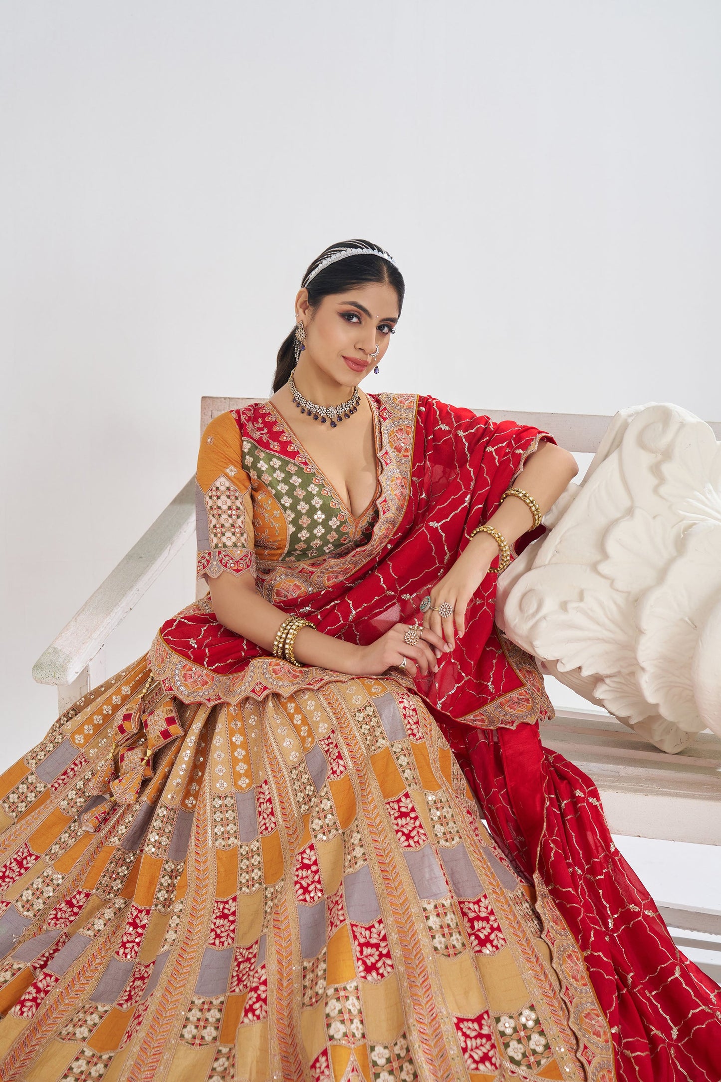 Mustard Jaal Patterned Sequin & Aari Work Dola Silk Bridal Lehenga