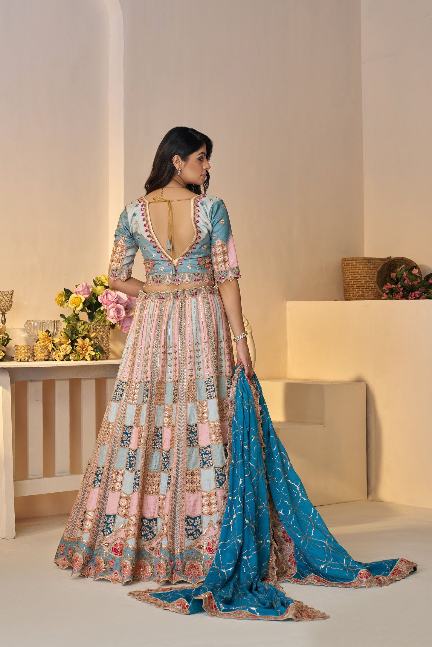 Sky Blue Jaal Patterned Sequin & Aari Work Dola Silk Bridal Lehenga