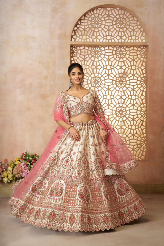 White Imperial Patterned Sequins Embroidered Silk Bridal Lehenga for Haldi