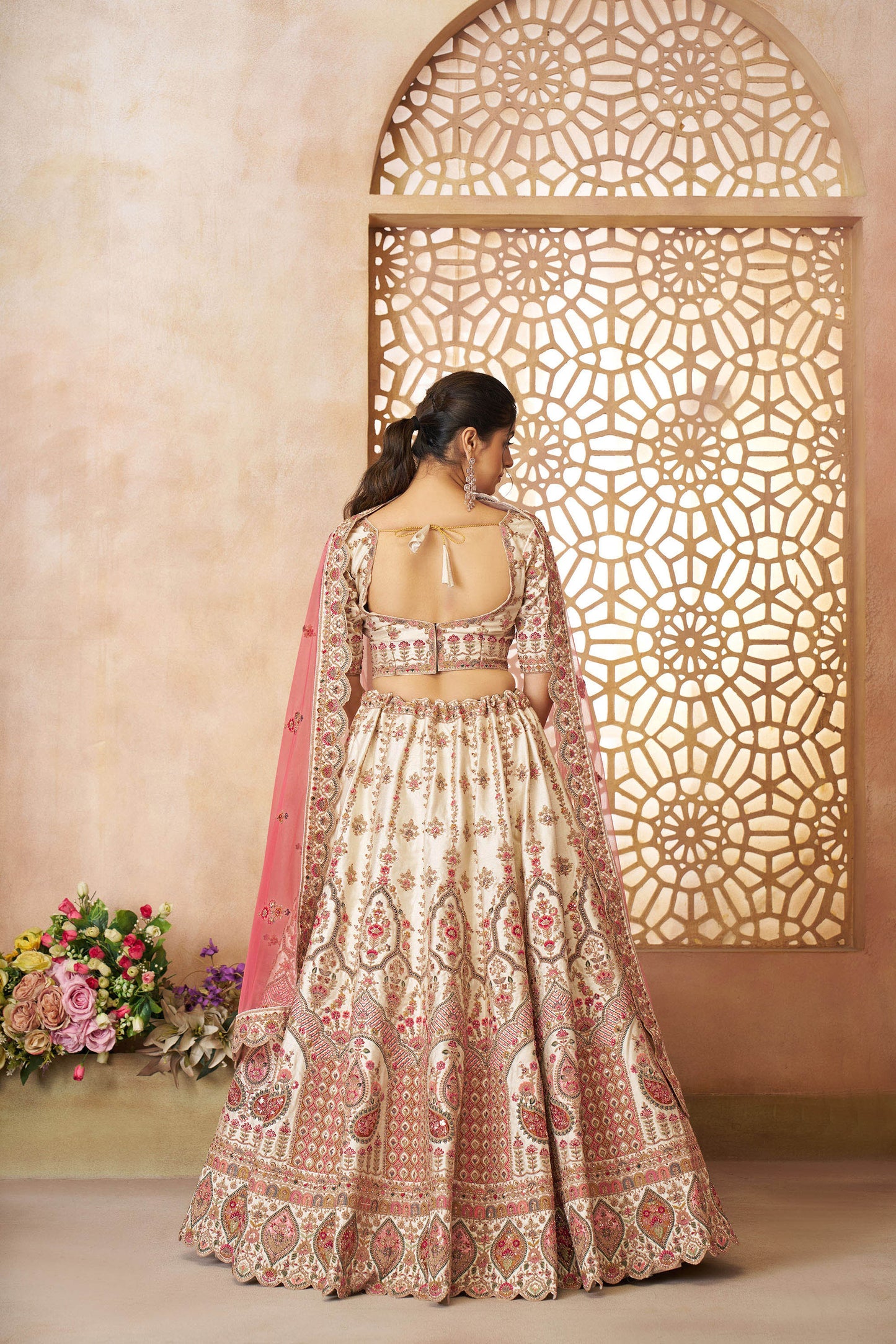 White Imperial Patterned Sequins Embroidered Silk Bridal Lehenga for Haldi