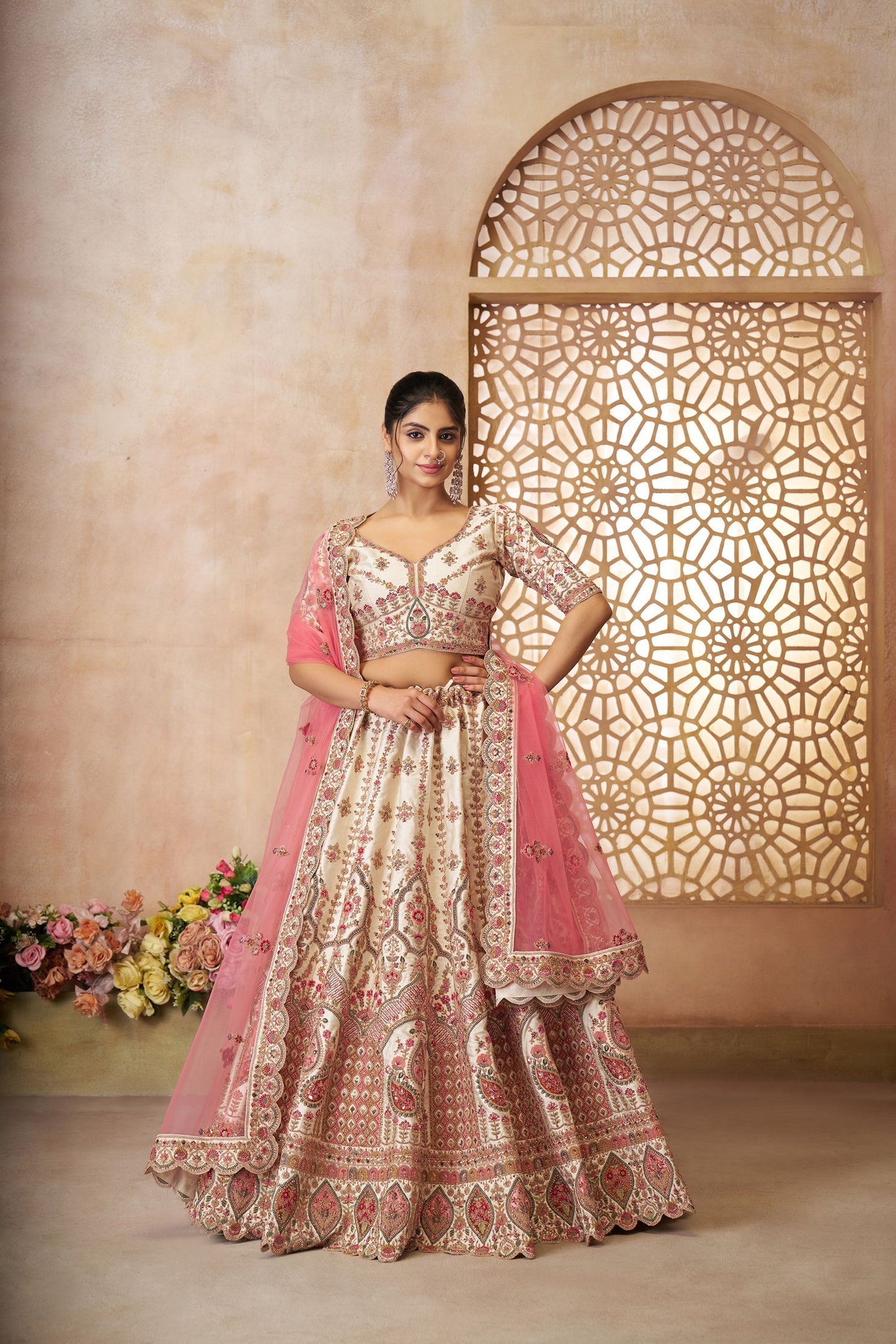 White Imperial Patterned Sequins Embroidered Silk Bridal Lehenga for Haldi