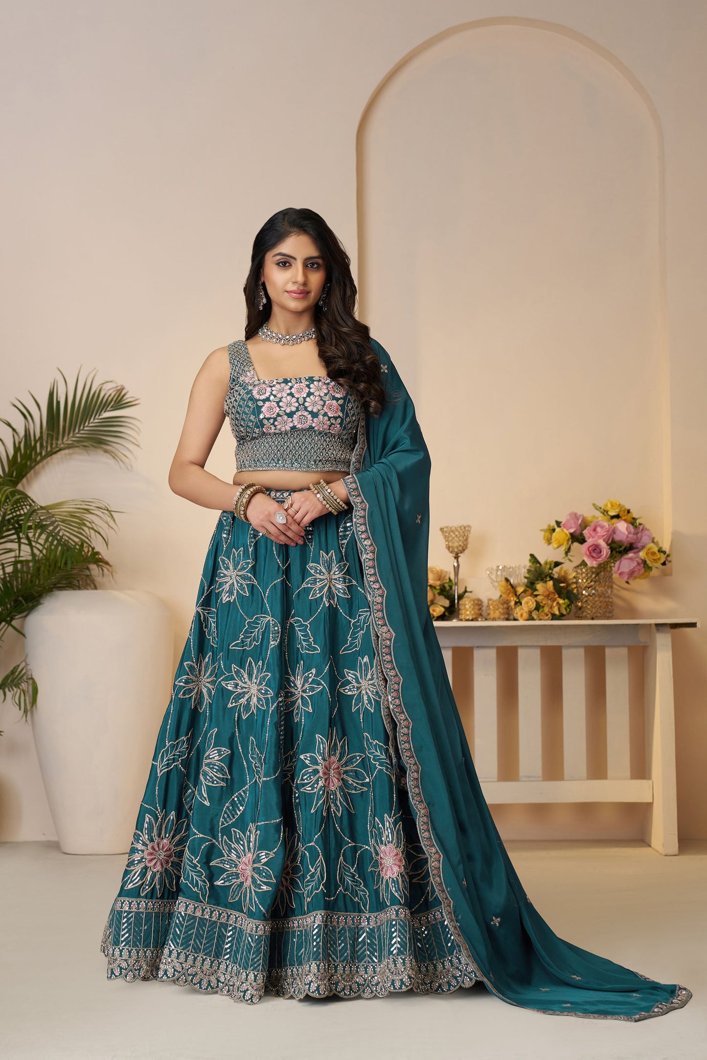 Blue Satin Silk Sequins Work & Floral Embroidery Bridesmaid Lehenga