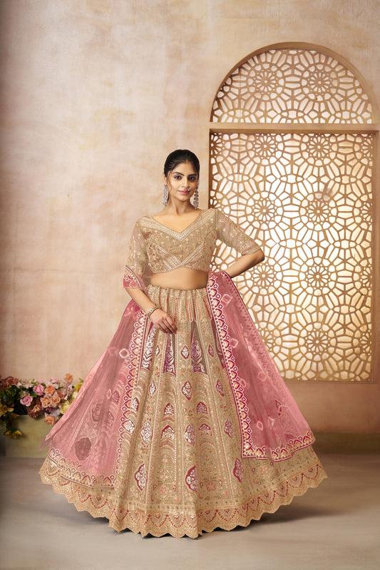Beige Aari Embroidered Silk Lehenga For Wedding