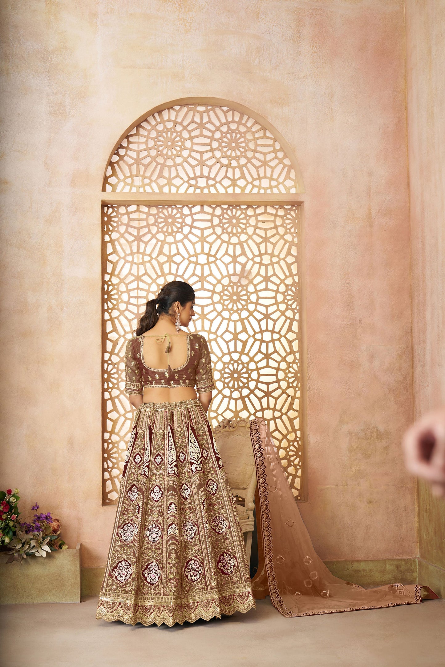Brown Aari Embroidered Silk Lehenga For Wedding
