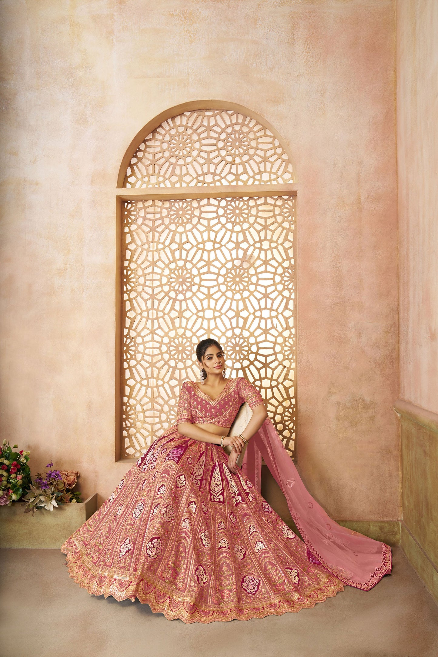 Pink Aari Embroidered Silk Lehenga For Wedding