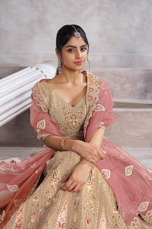 Beige Aari and Patch Embroidered Silk Bridal Lehenga
