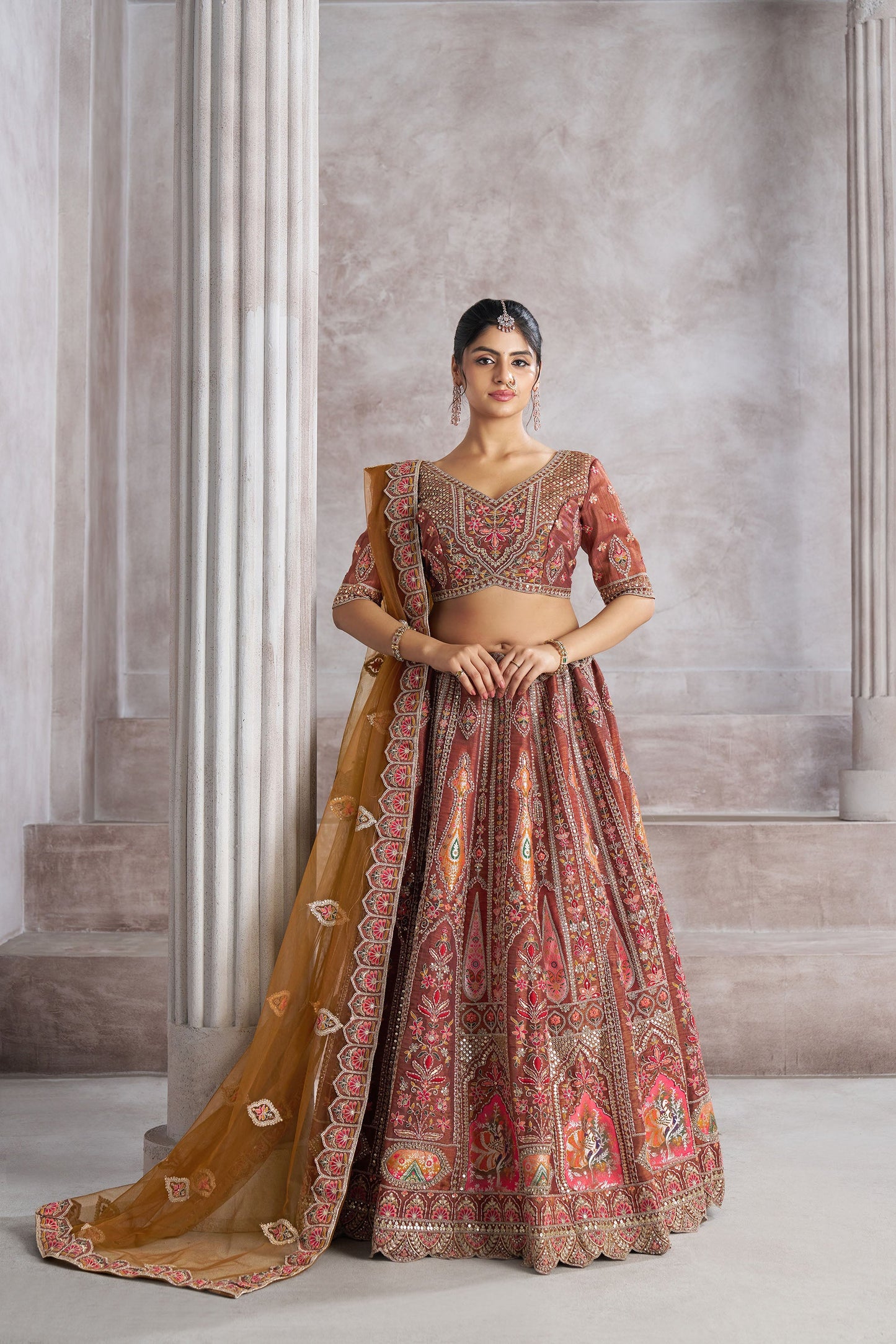 Brown Aari and Patch Embroidered Silk Bridal Lehenga
