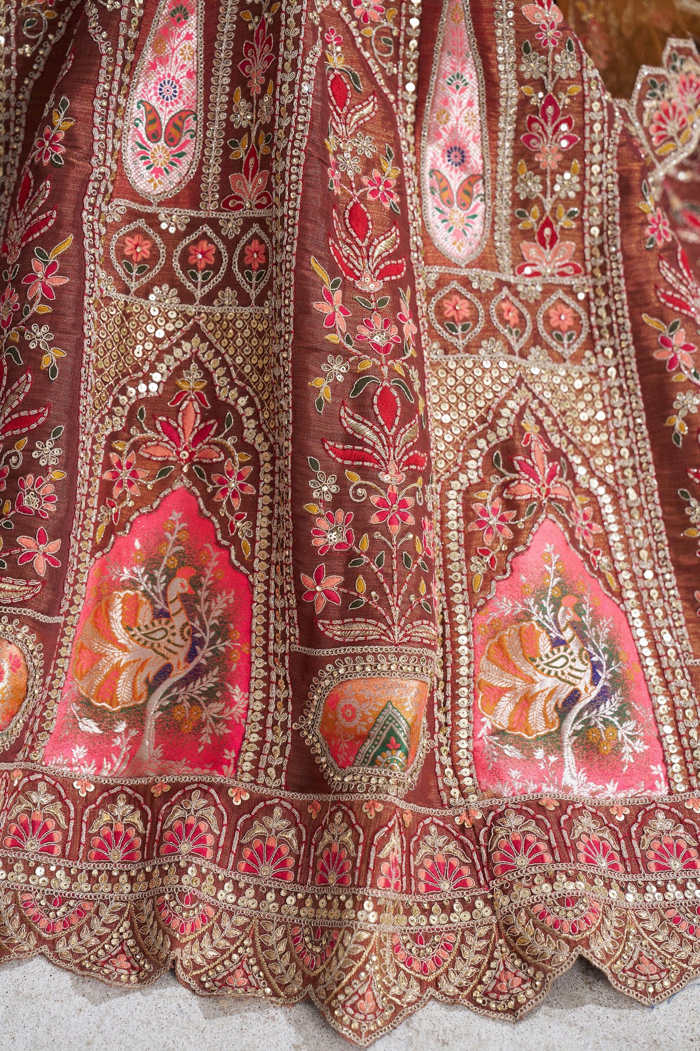 Brown Aari and Patch Embroidered Silk Bridal Lehenga