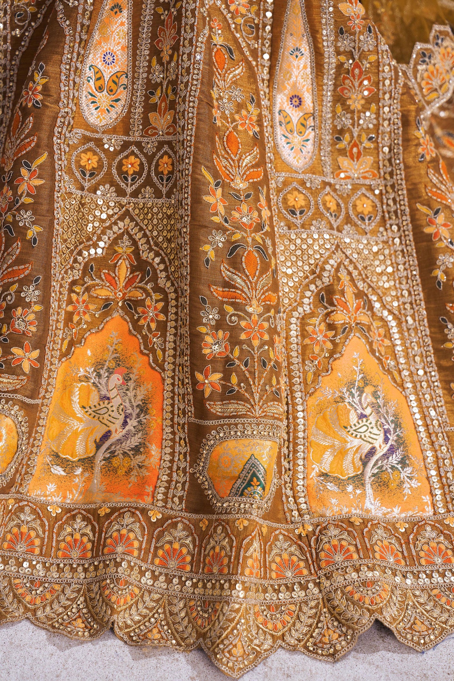 Mustard Aari and Patch Embroidered Silk Bridal Lehenga