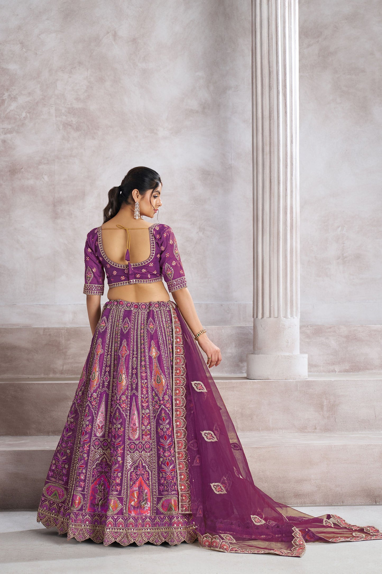 Purple Aari and Patch Embroidered Silk Bridal Lehenga