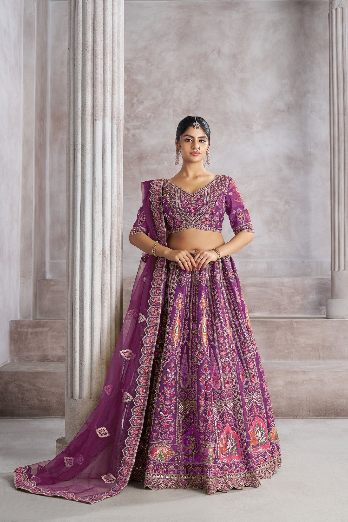 Purple Aari and Patch Embroidered Silk Bridal Lehenga
