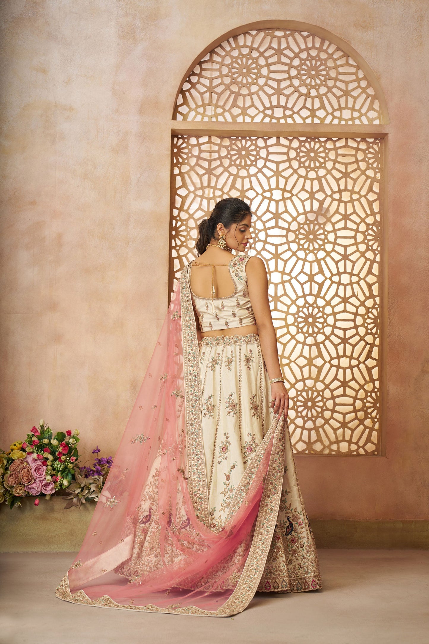White Zari Silk Sequins  & Thread Embroidery Lehenga