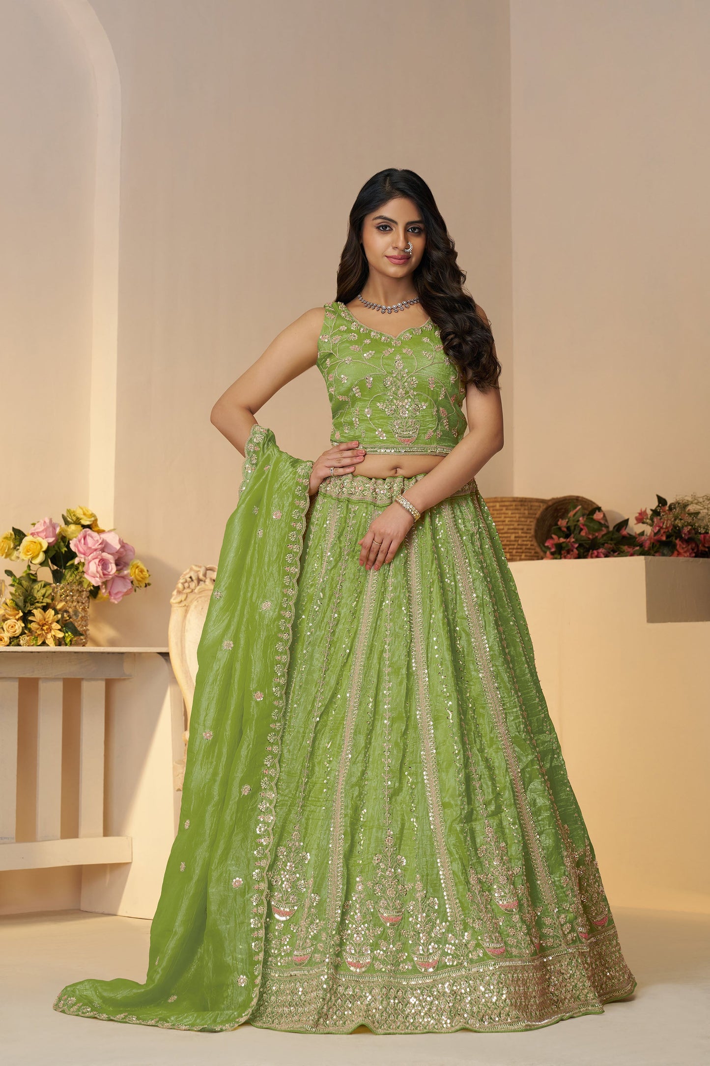 Green Zari Work Jimmy Choo Lehenga for Mehendi