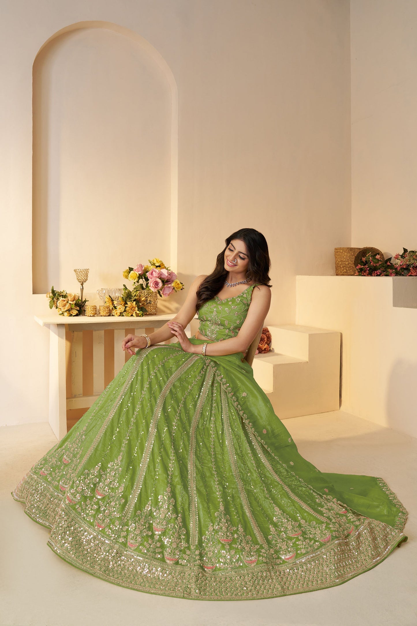 Green Zari Work Jimmy Choo Lehenga for Mehendi