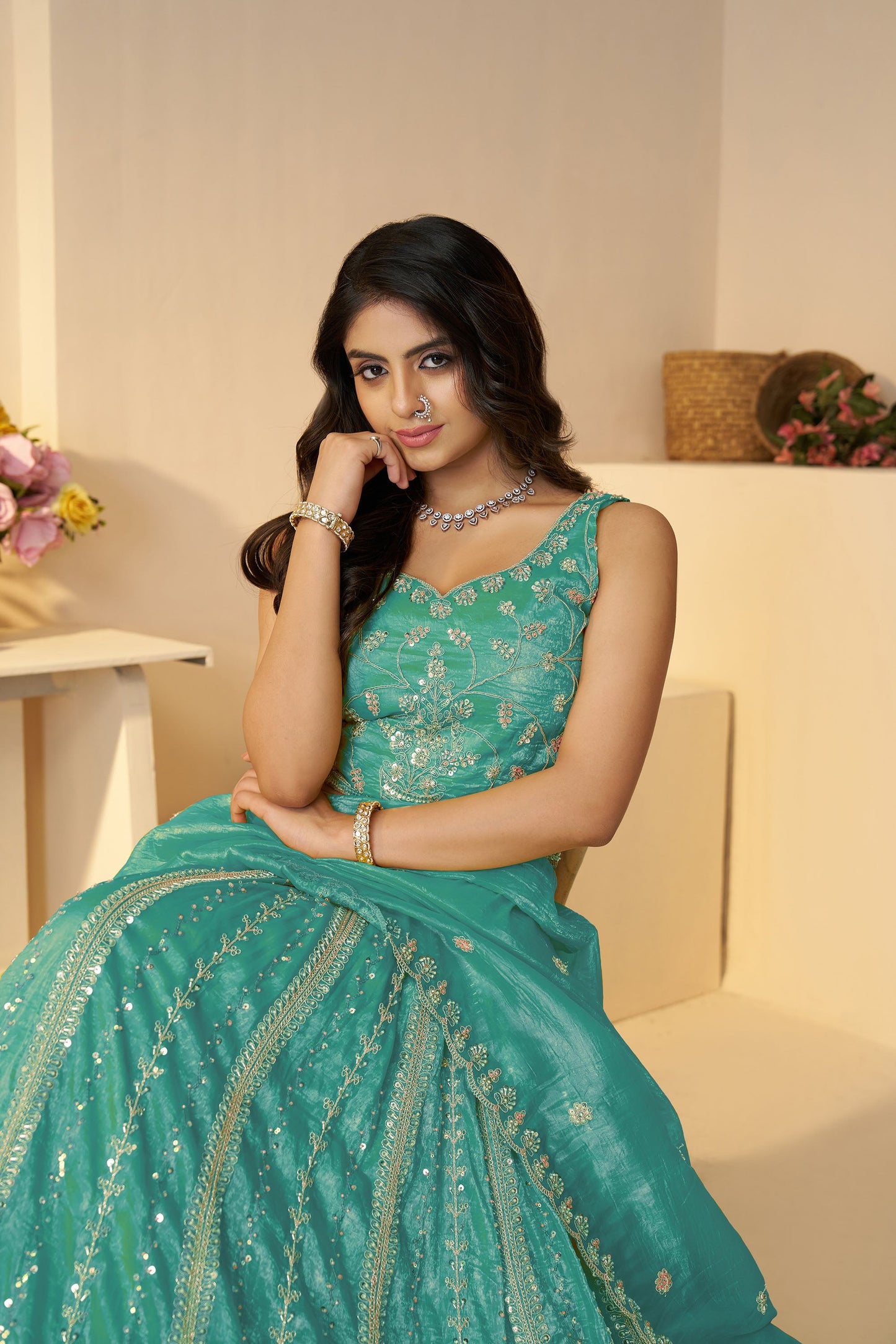 Sky Blue Zari Work Jimmy Choo Engagement Lehenga
