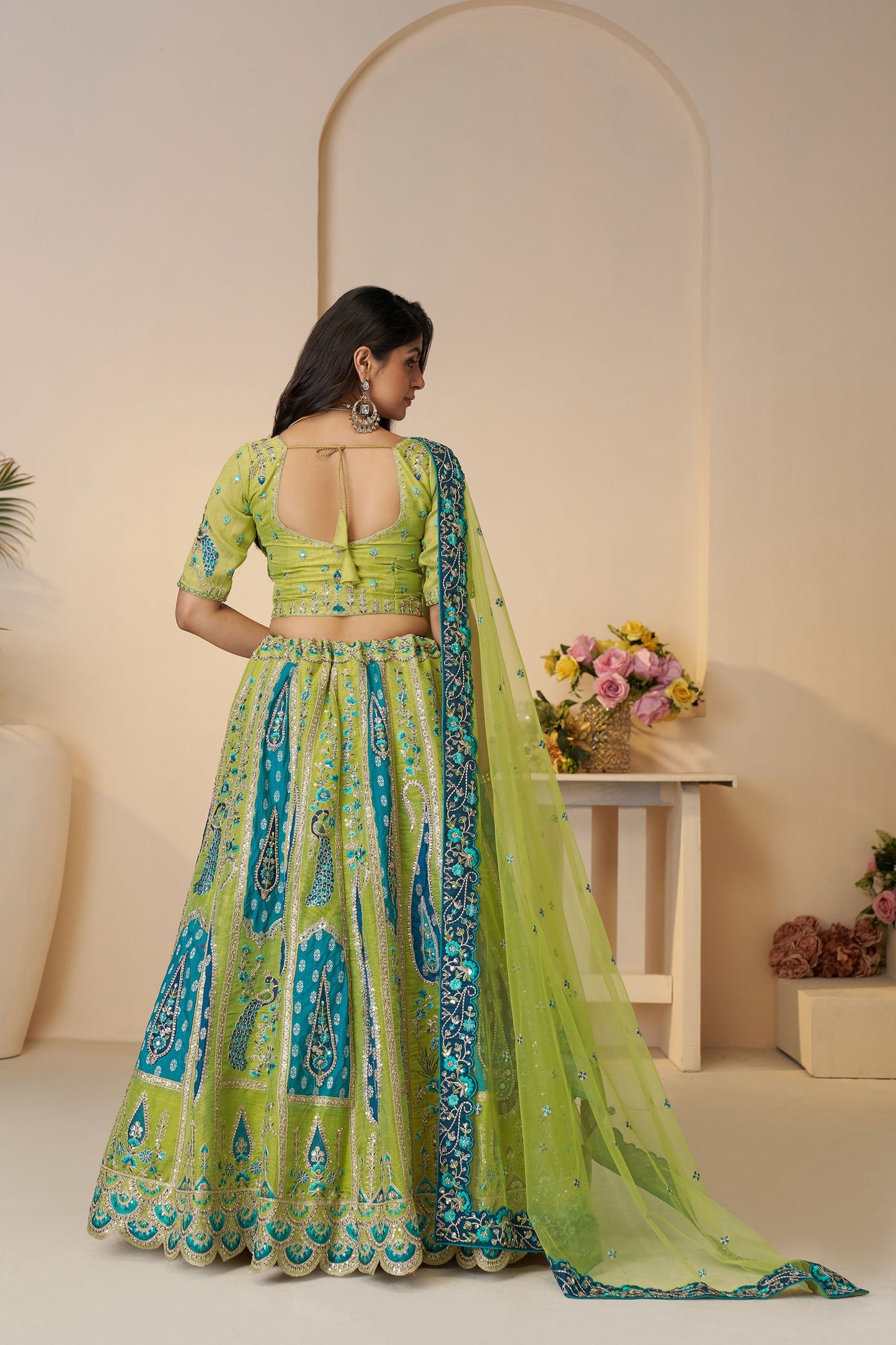 Green Paisley and Peacock Motifs & Heavy Embroidery Silk Mehendi Lehenga