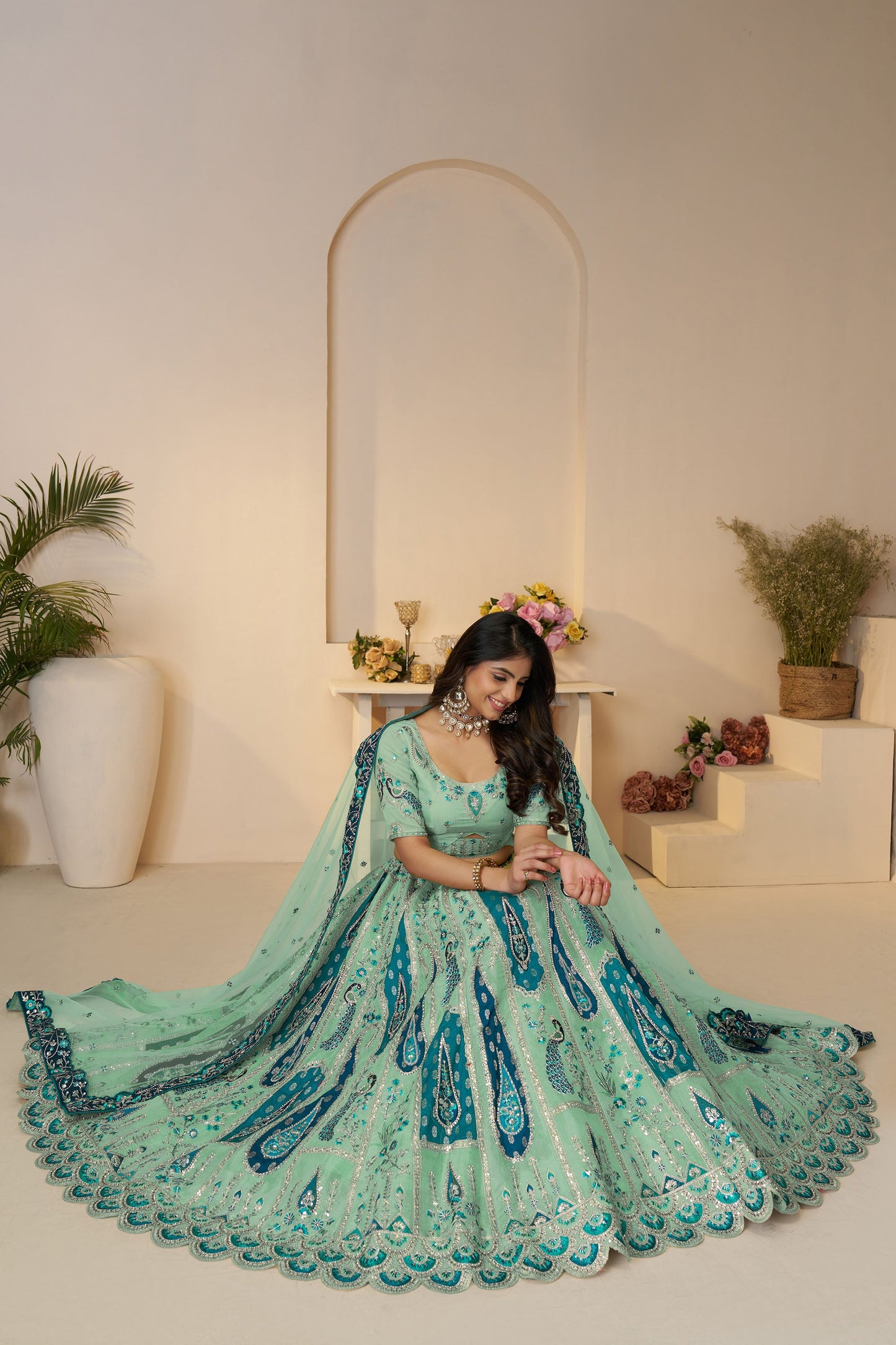 Sky Blue Paisley and Peacock Motifs & Heavy Embroidery Silk Lehenga