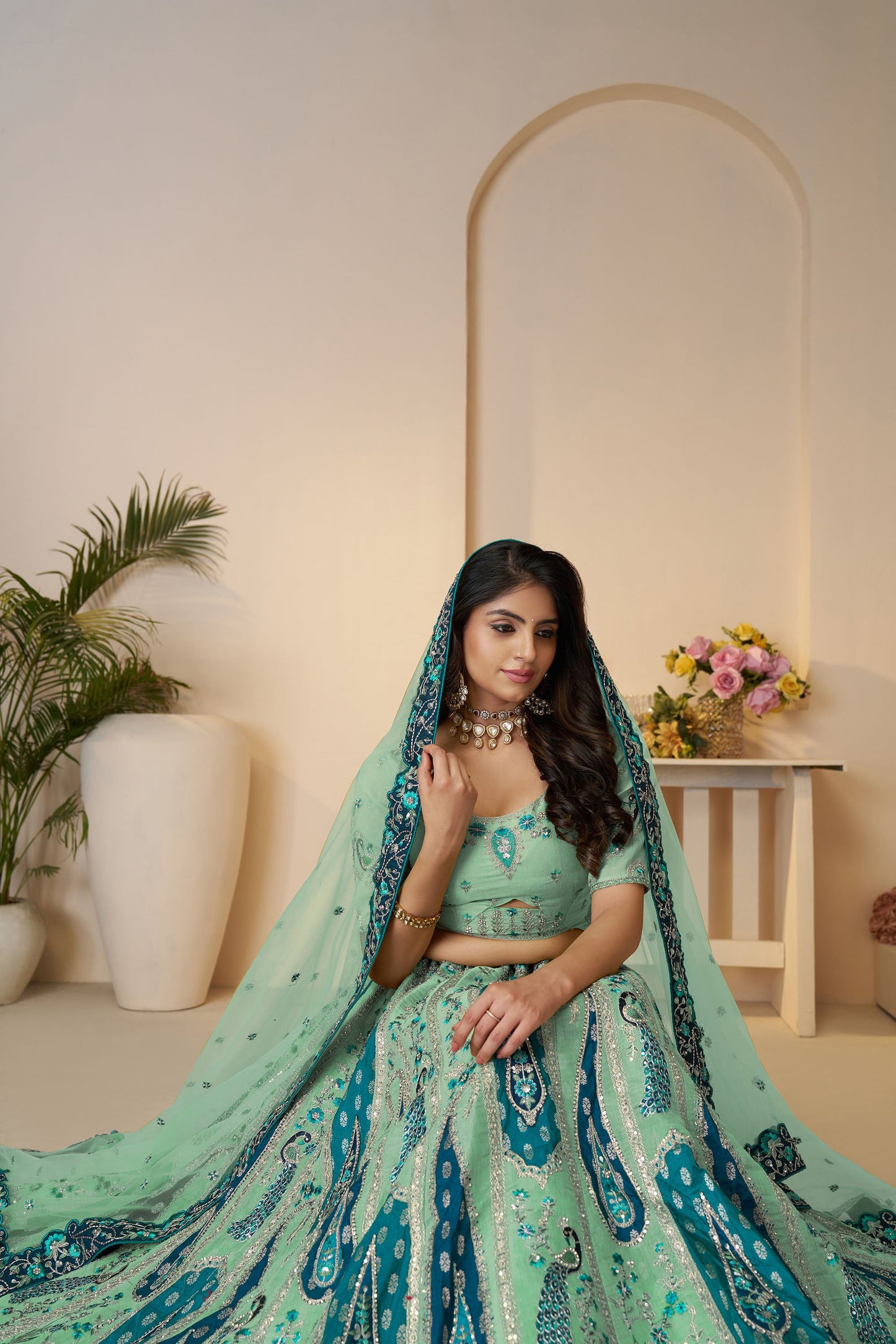 Sky Blue Paisley and Peacock Motifs & Heavy Embroidery Silk Lehenga