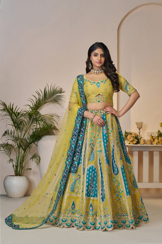 Yellow Bel Butti Pattern Silk Haldi Lehenga Choli
