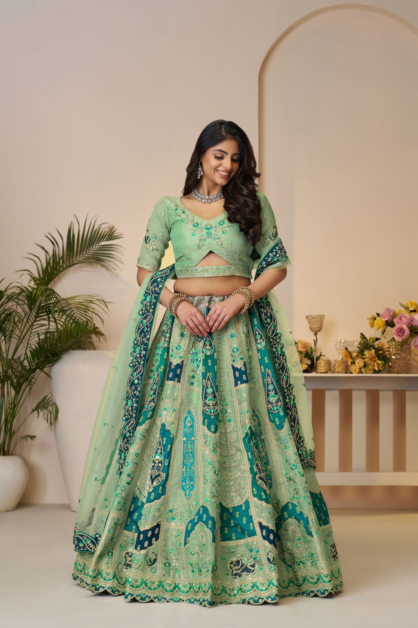 Green Banarasi Silk Sequins & Zari Embroidered Bridal Lehenga