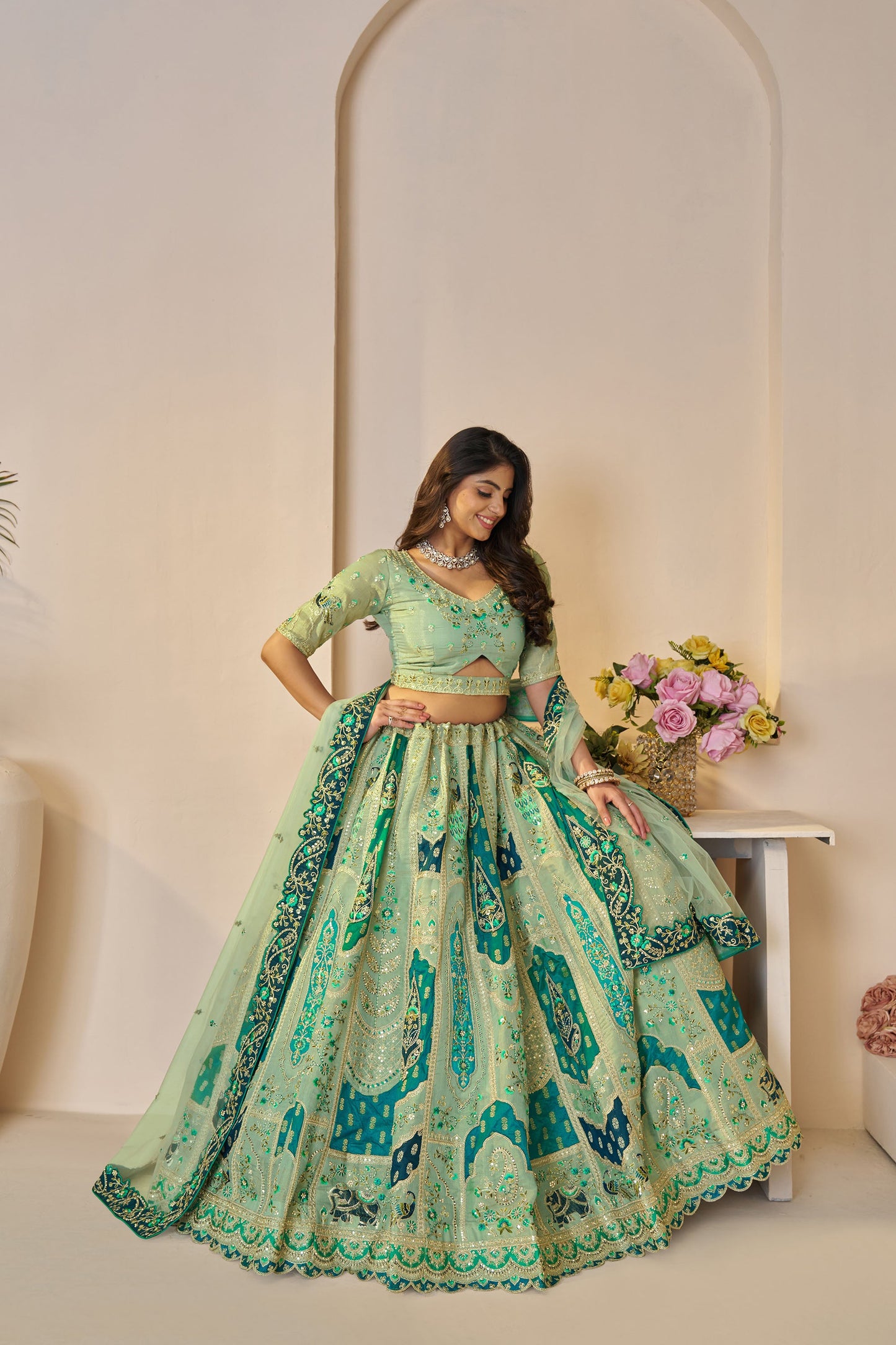 Green Banarasi Silk Sequins & Zari Embroidered Bridal Lehenga