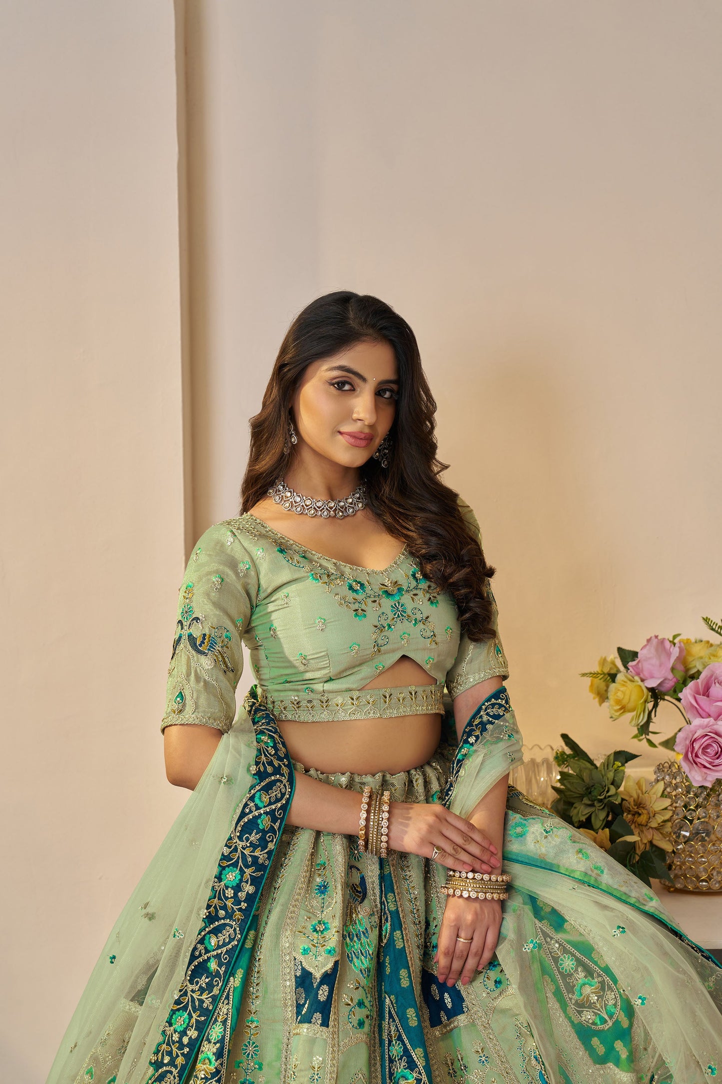 Green Banarasi Silk Sequins & Zari Embroidered Bridal Lehenga