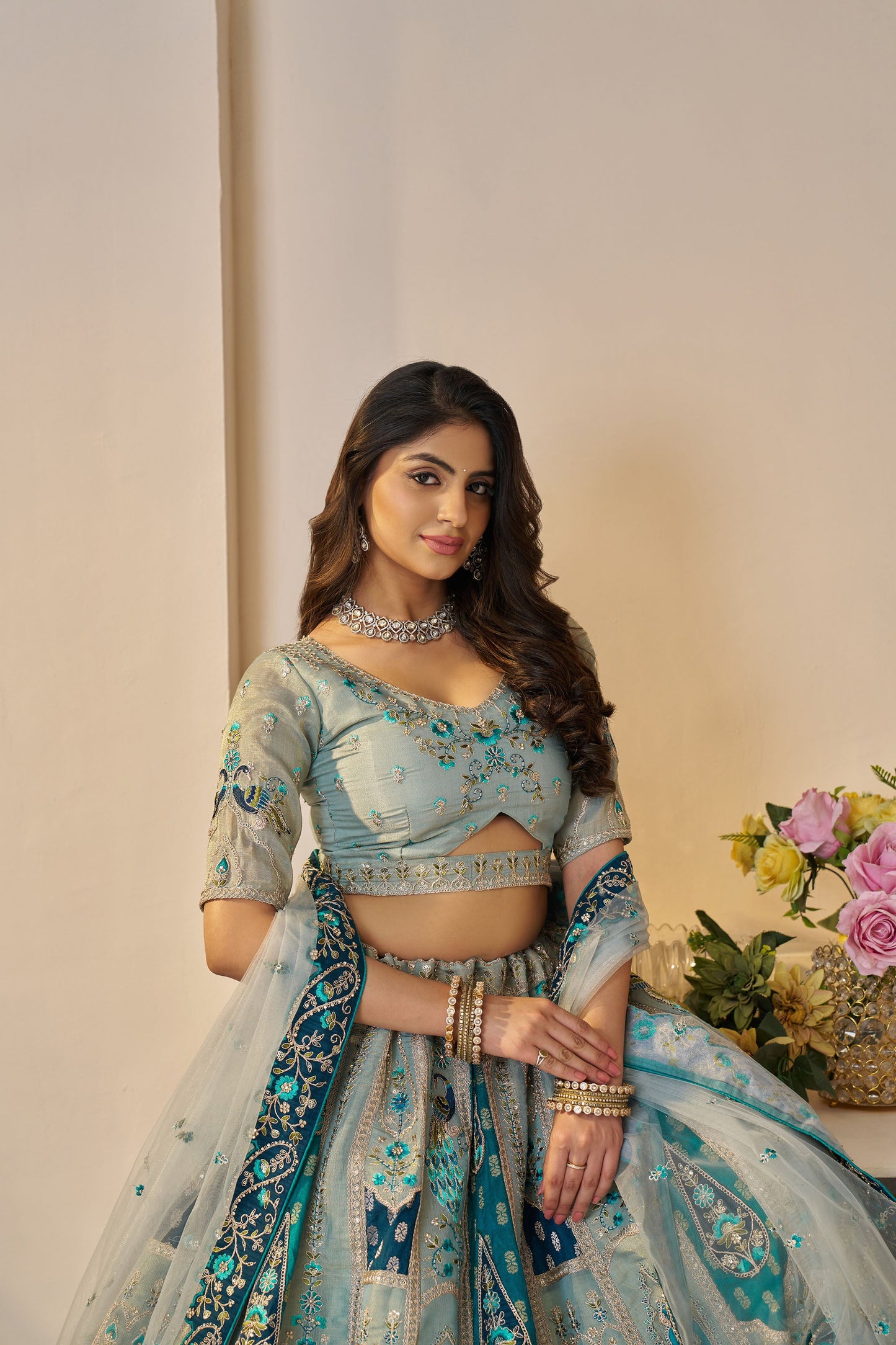 Sky Blue Banarasi Silk Sequins & Zari Embroidered Bridal Lehenga