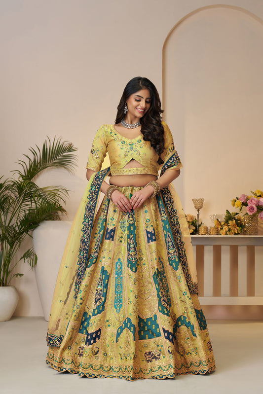 Yellow Art Silk Sequins & Zari Embroidered Haldi Lehenga