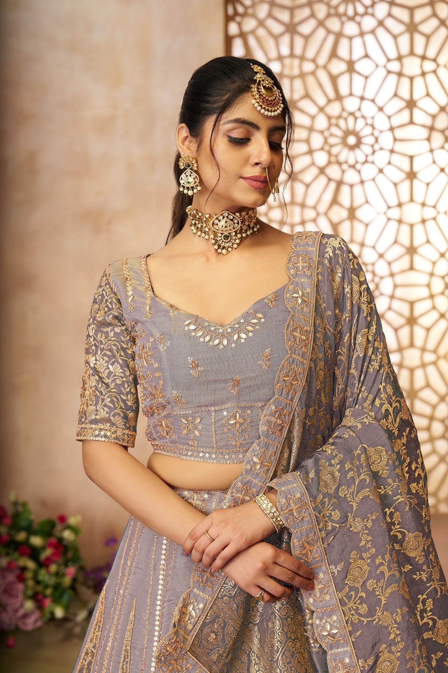 Onion Pink Tissue & Banarasi Zari Work Bridal Lehenga