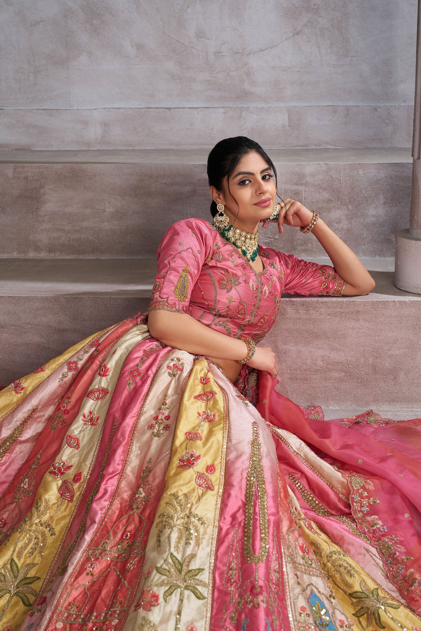 Pink Silk Intricate Paisley Motifs Embroidered Wedding Lehenga for Engagement