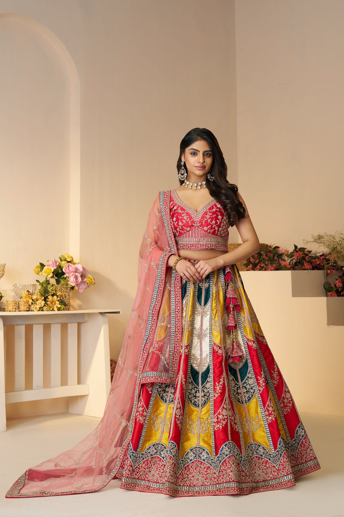 Multi Color Silk Zari Embroidery Haldi Lehenga for Wedding