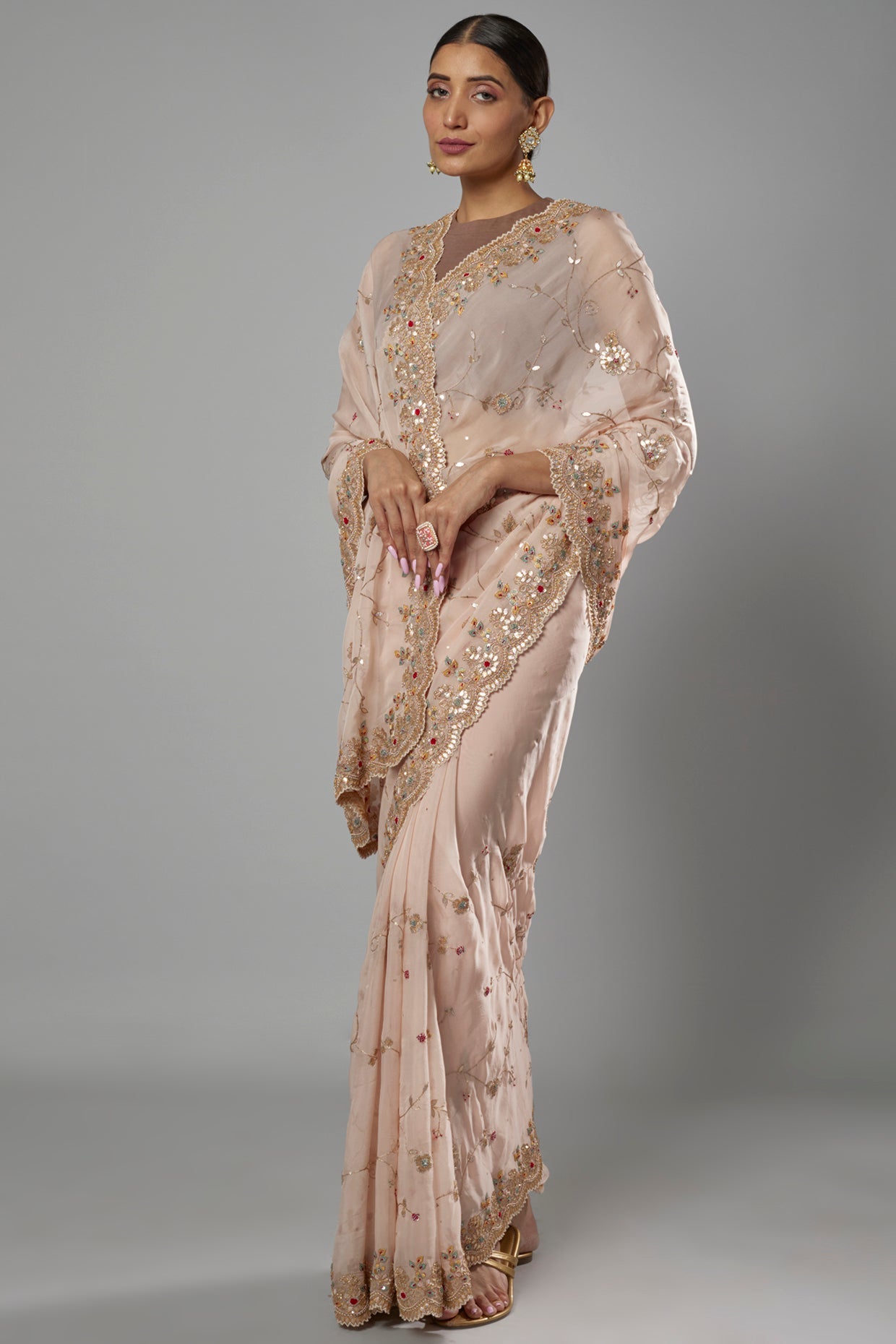 peach organza embroidered saree set