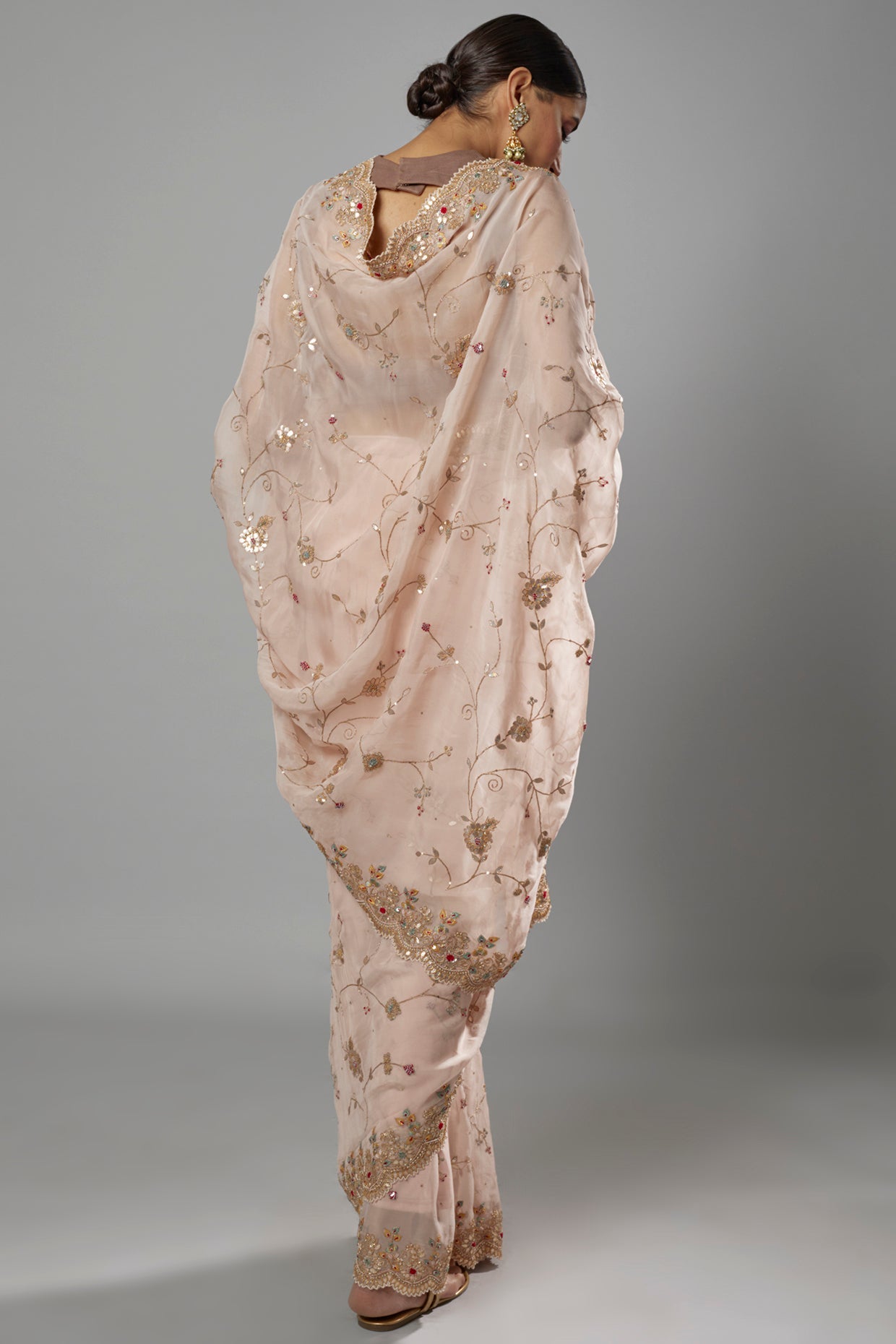 peach organza embroidered saree set