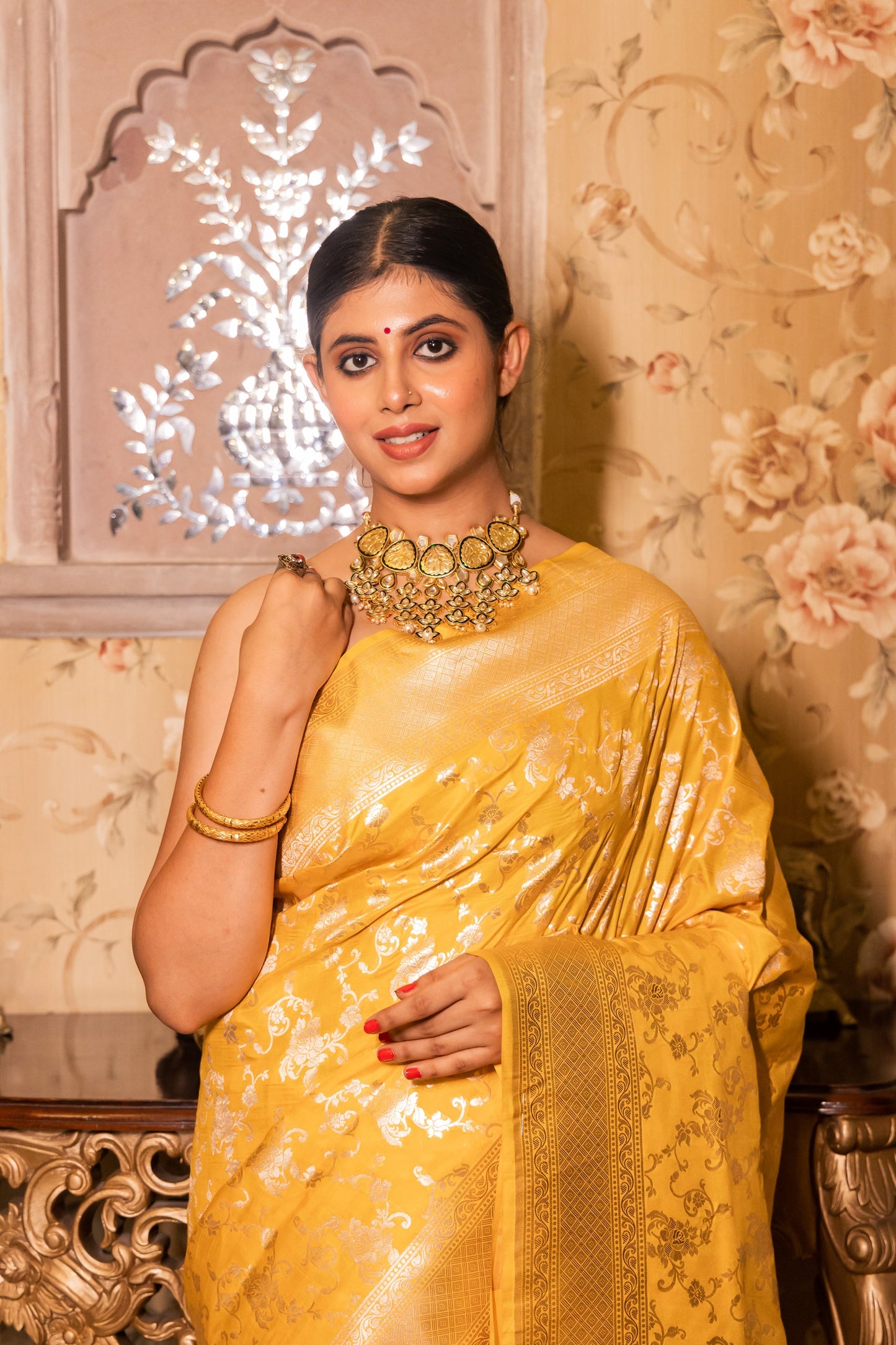 Yellow Handwoven Cutwork Katan Silk Saree