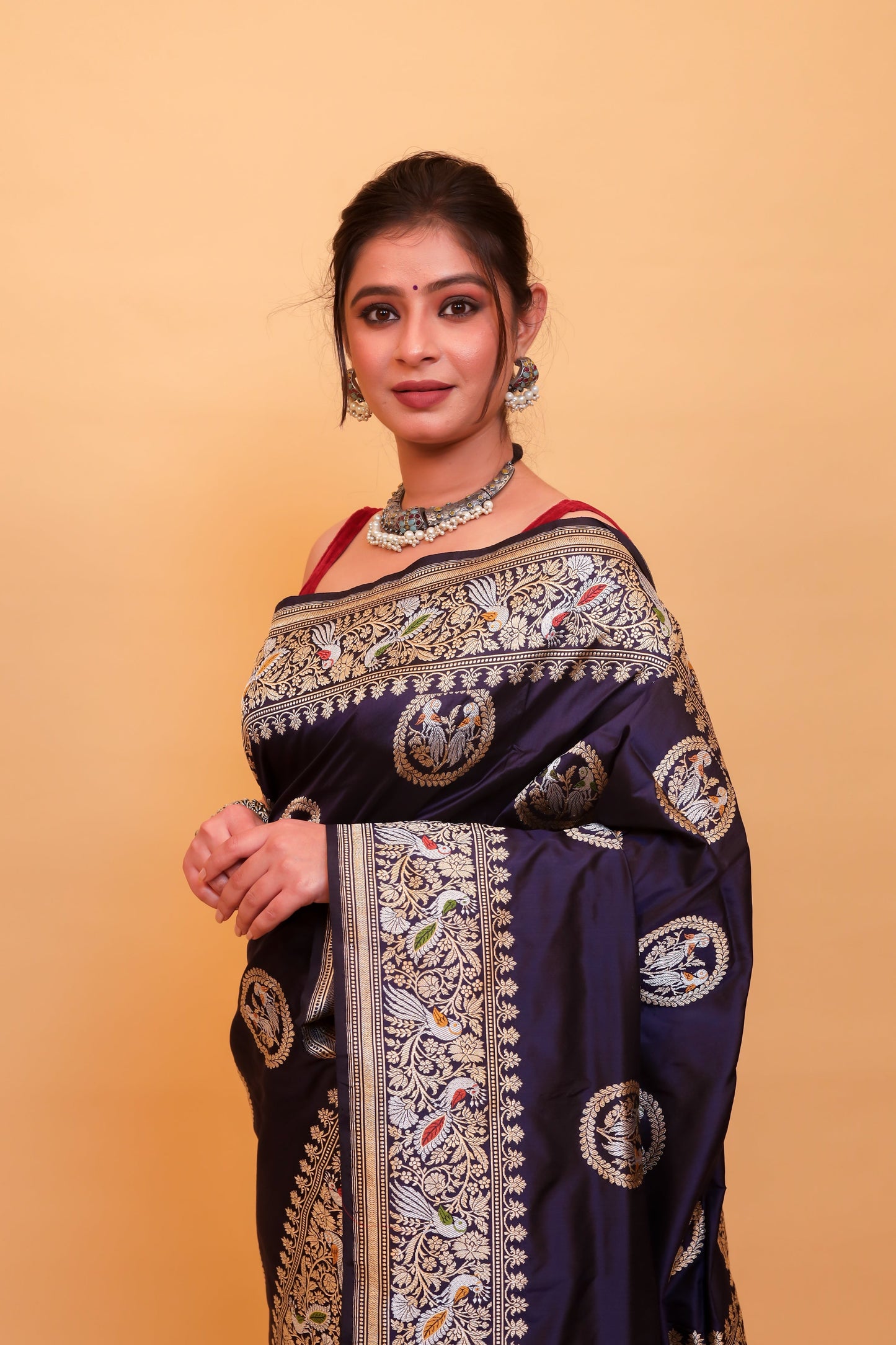 Navy Blue Katan Pure Silk Kadwa Saree