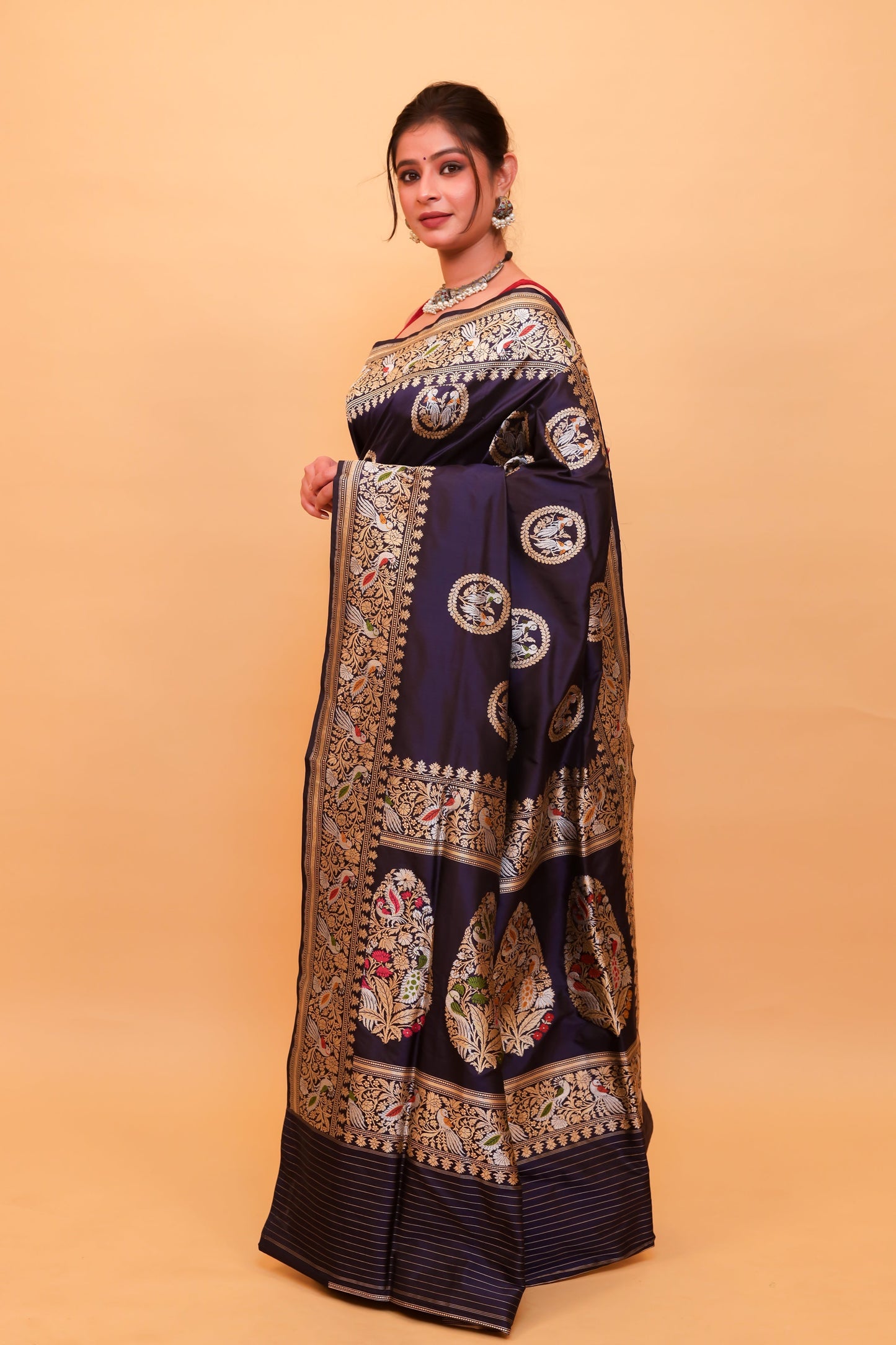 Navy Blue Katan Pure Silk Kadwa Saree