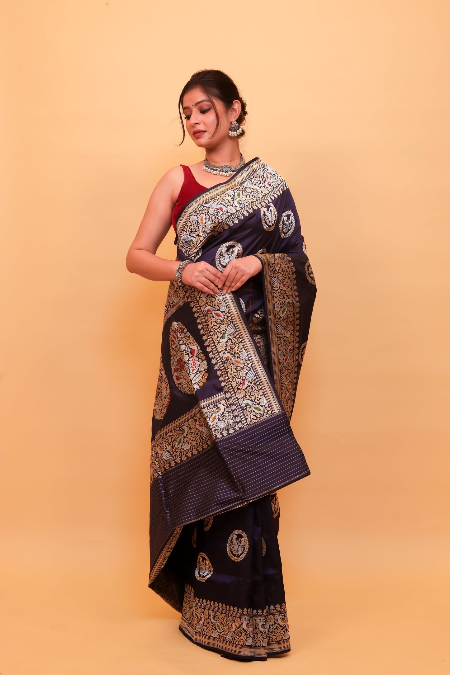 Navy Blue Katan Pure Silk Kadwa Saree