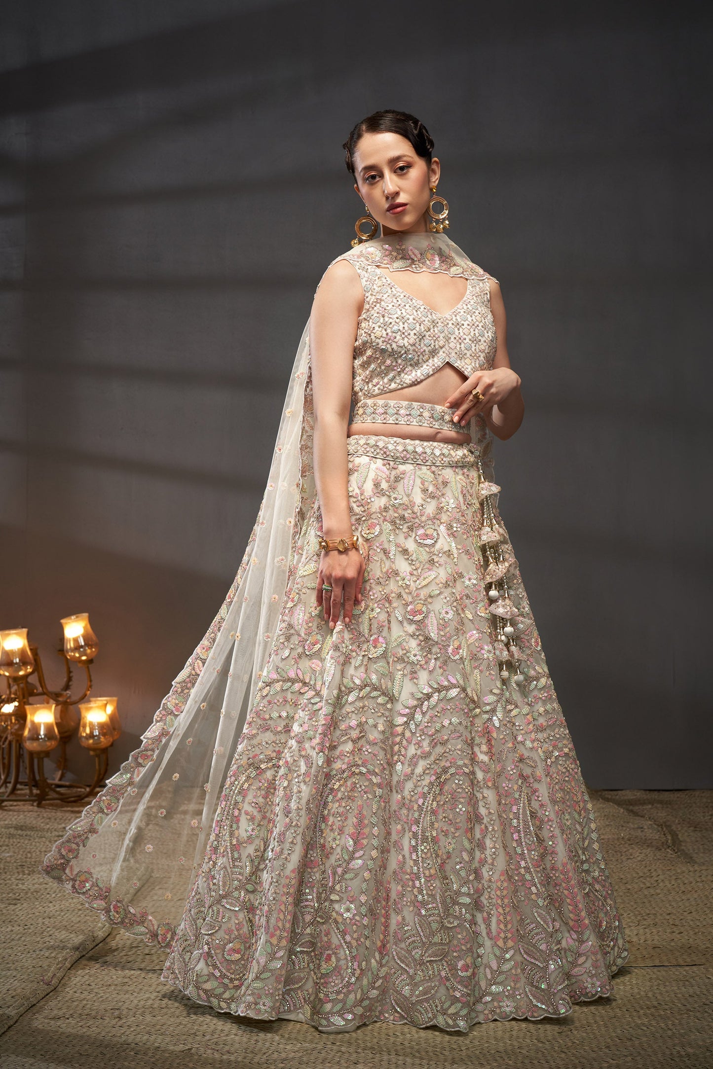 Cream Net Multi Sequins Embroidery Bridesmaid Lehenga