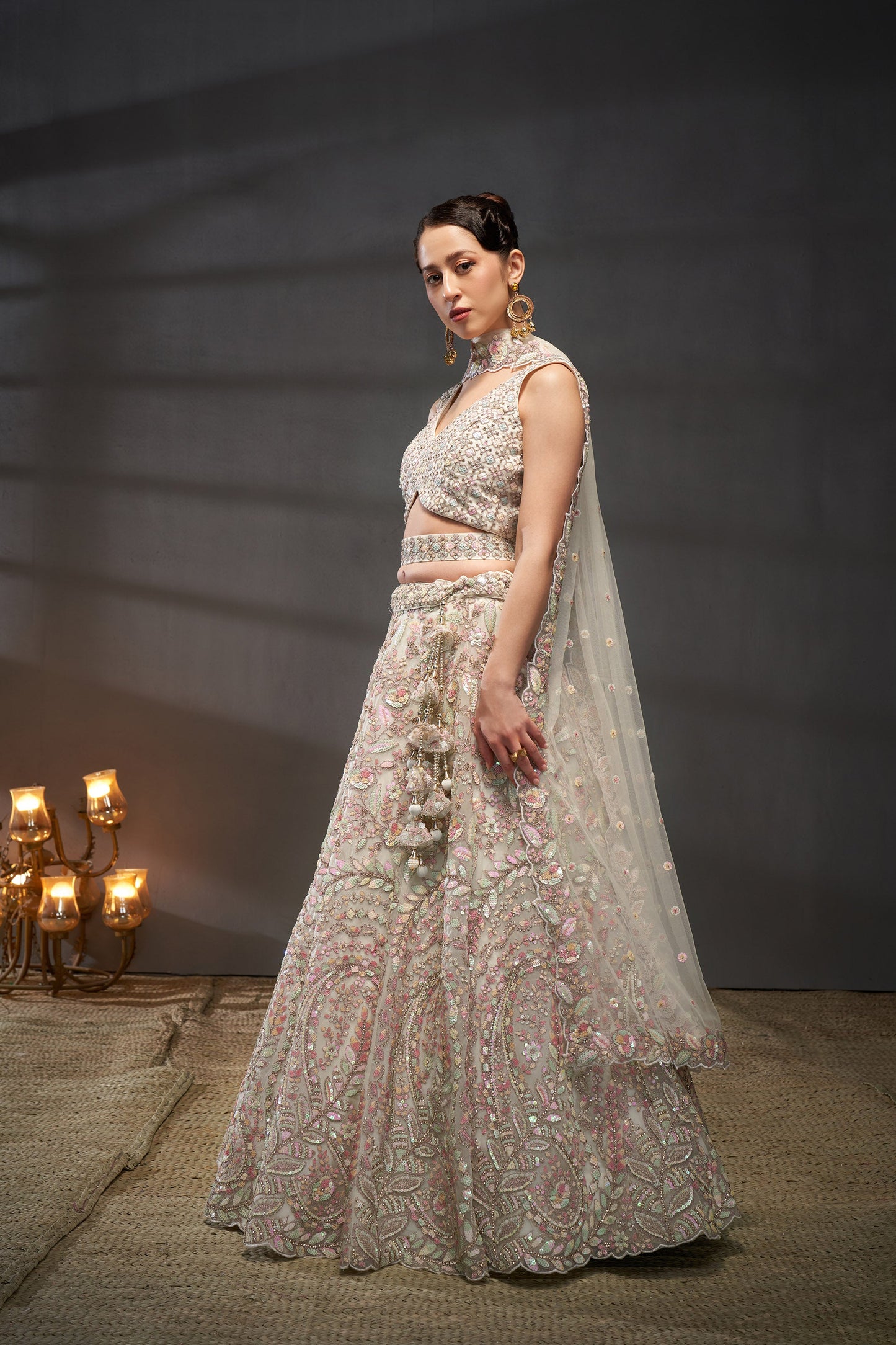 Cream Net Multi Sequins Embroidery Bridesmaid Lehenga