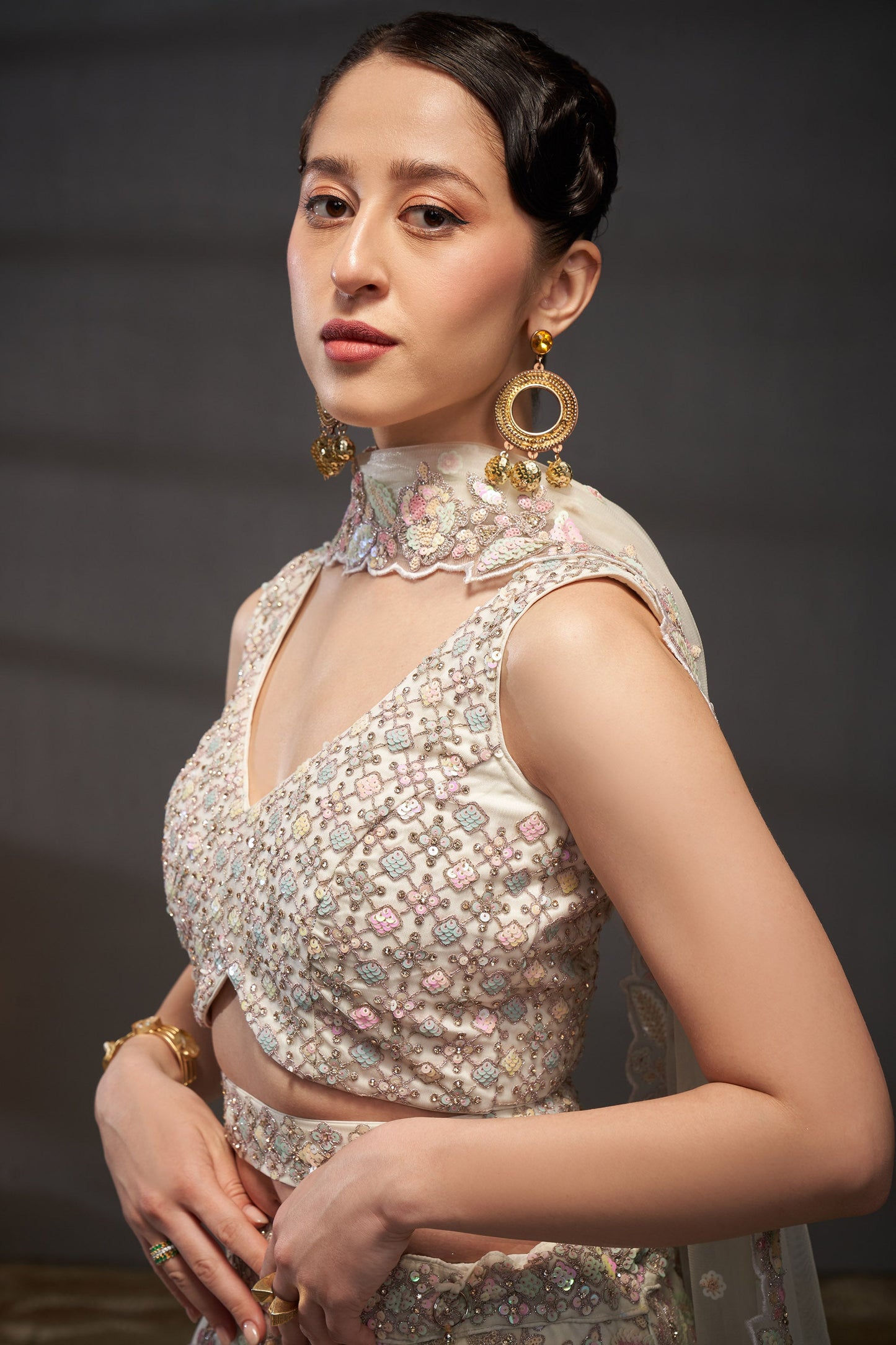 Cream Net Multi Sequins Embroidery Bridesmaid Lehenga