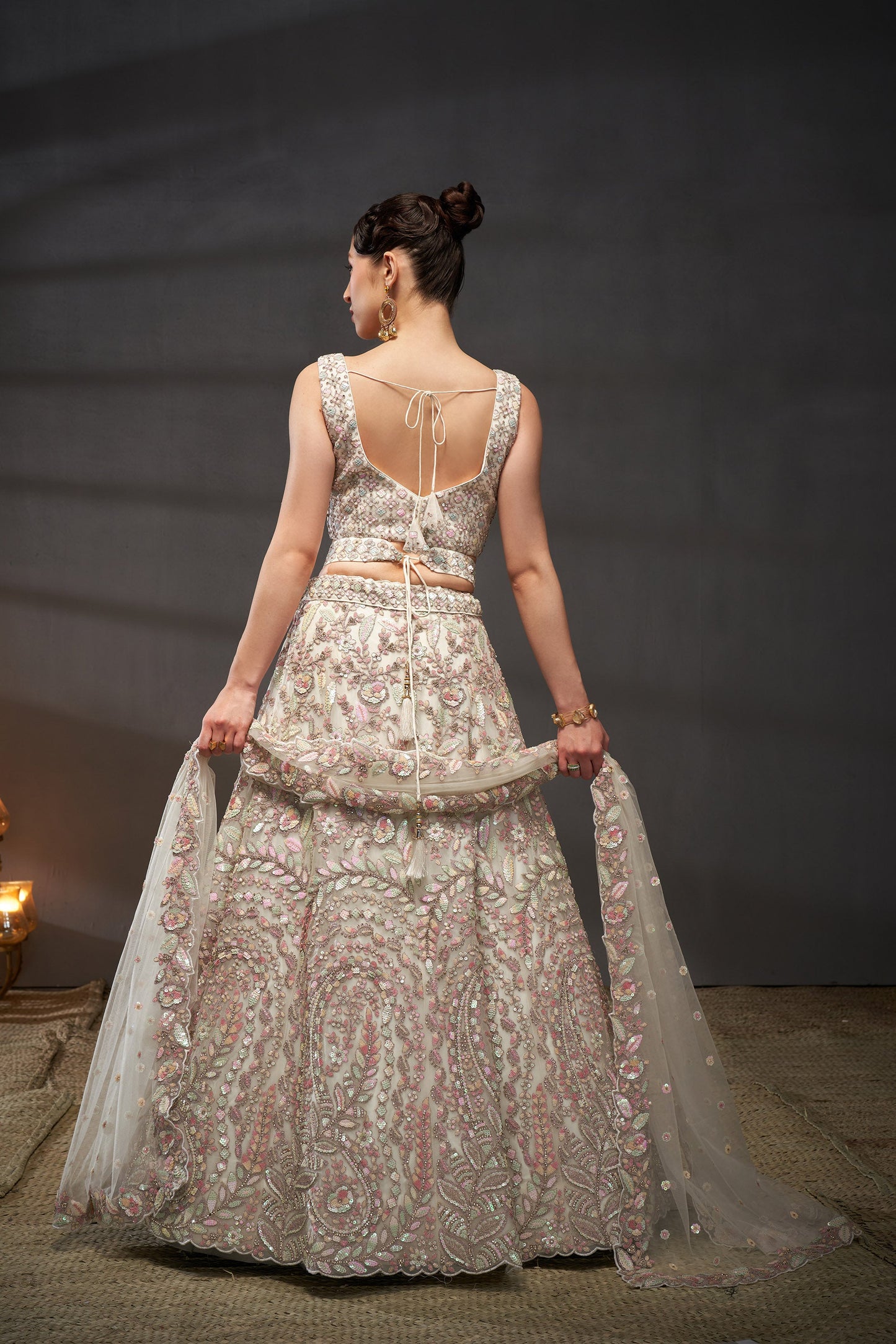 Cream Net Multi Sequins Embroidery Bridesmaid Lehenga