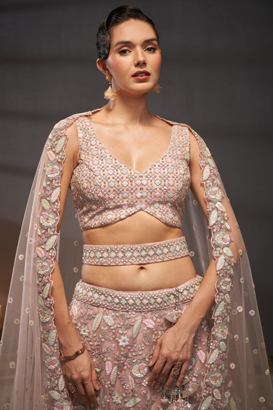 Pink Net Multi Sequins & Zarkan Embroidery Bridesmaid Lehenga