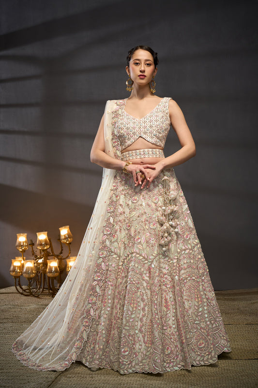 Cream Net Multi Sequins Embroidery Bridesmaid Lehenga